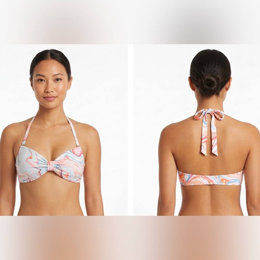 Women's Marble-Print Bandeau Swim Top - Pink/Blue